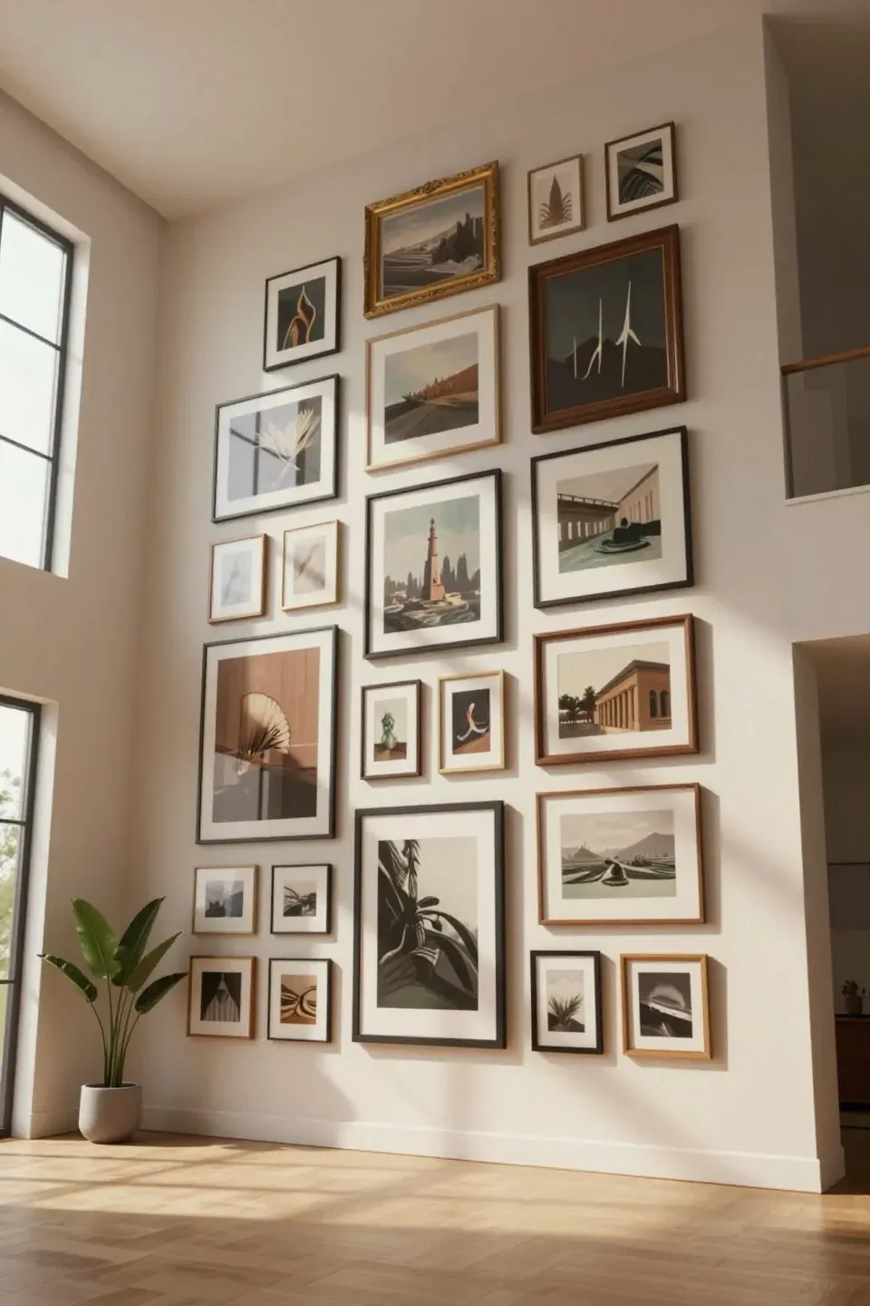 Tall living room wall filled with mixed-size artwork arranged from floor to ceiling.