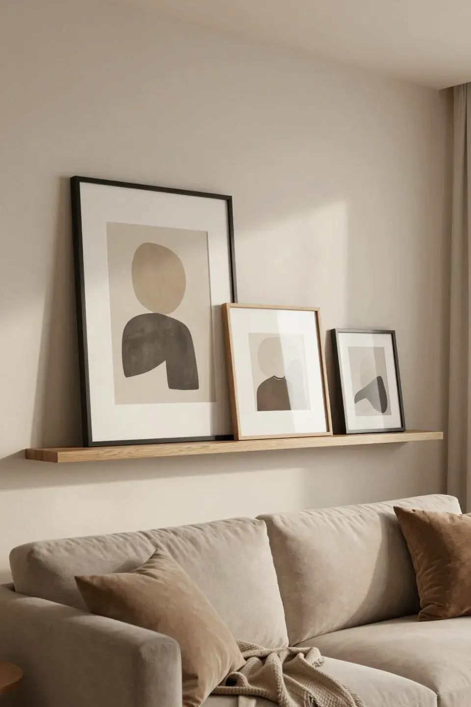 Layered frames resting on picture ledges above a sofa, forming a relaxed gallery wall.