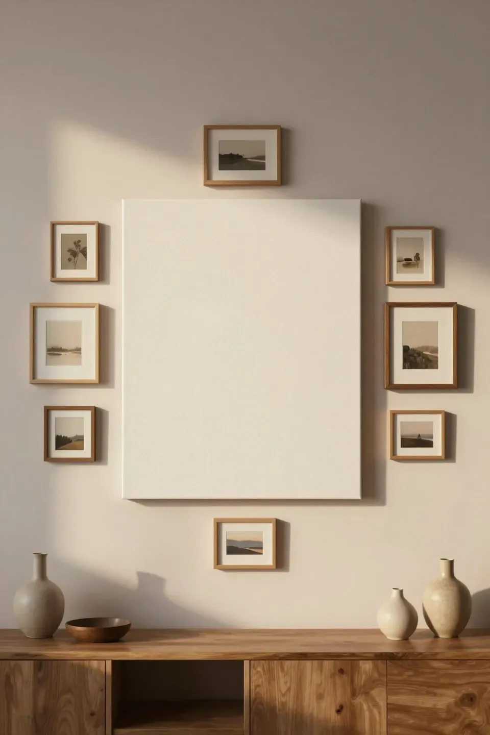 Large central canvas framed by smaller artwork pieces arranged loosely around it on a living room wall.