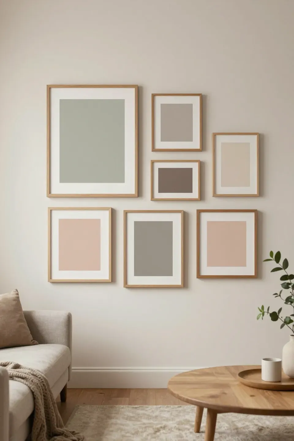 Muted-tone artwork in simple wood frames creating a calm, cohesive gallery wall in a living room.