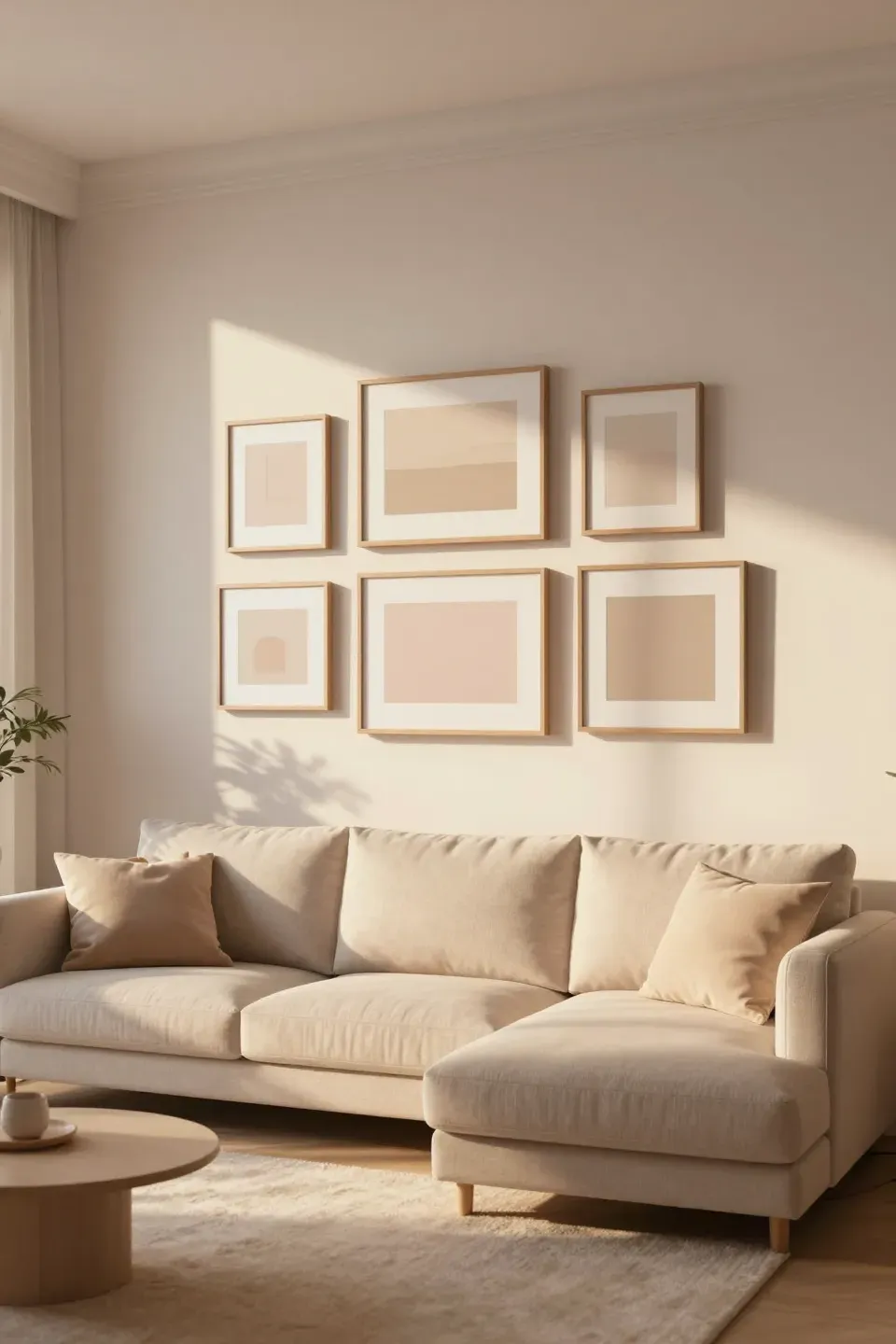 Floating frames with soft artwork arranged above a large sectional sofa in a bright living room.