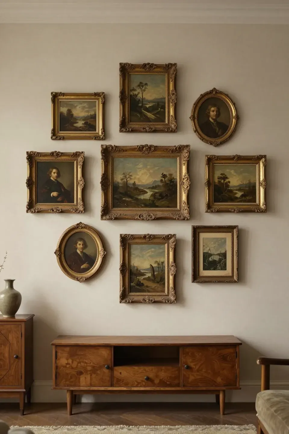 Cluster of vintage art pieces in ornate aged frames arranged in a loose oval on a living room wall.