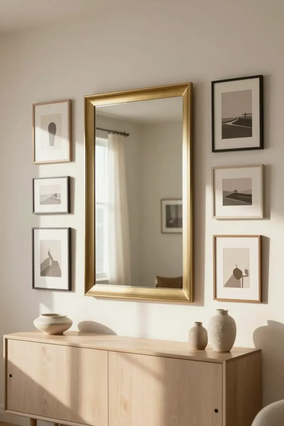 Statement mirror centered on a living room wall with smaller art pieces arranged around it.