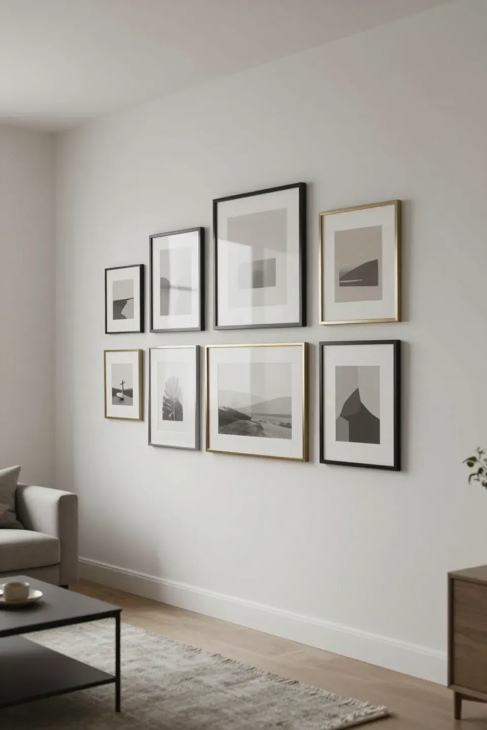 Slim metal frames in varied sizes forming a clean gallery wall in a modern apartment.