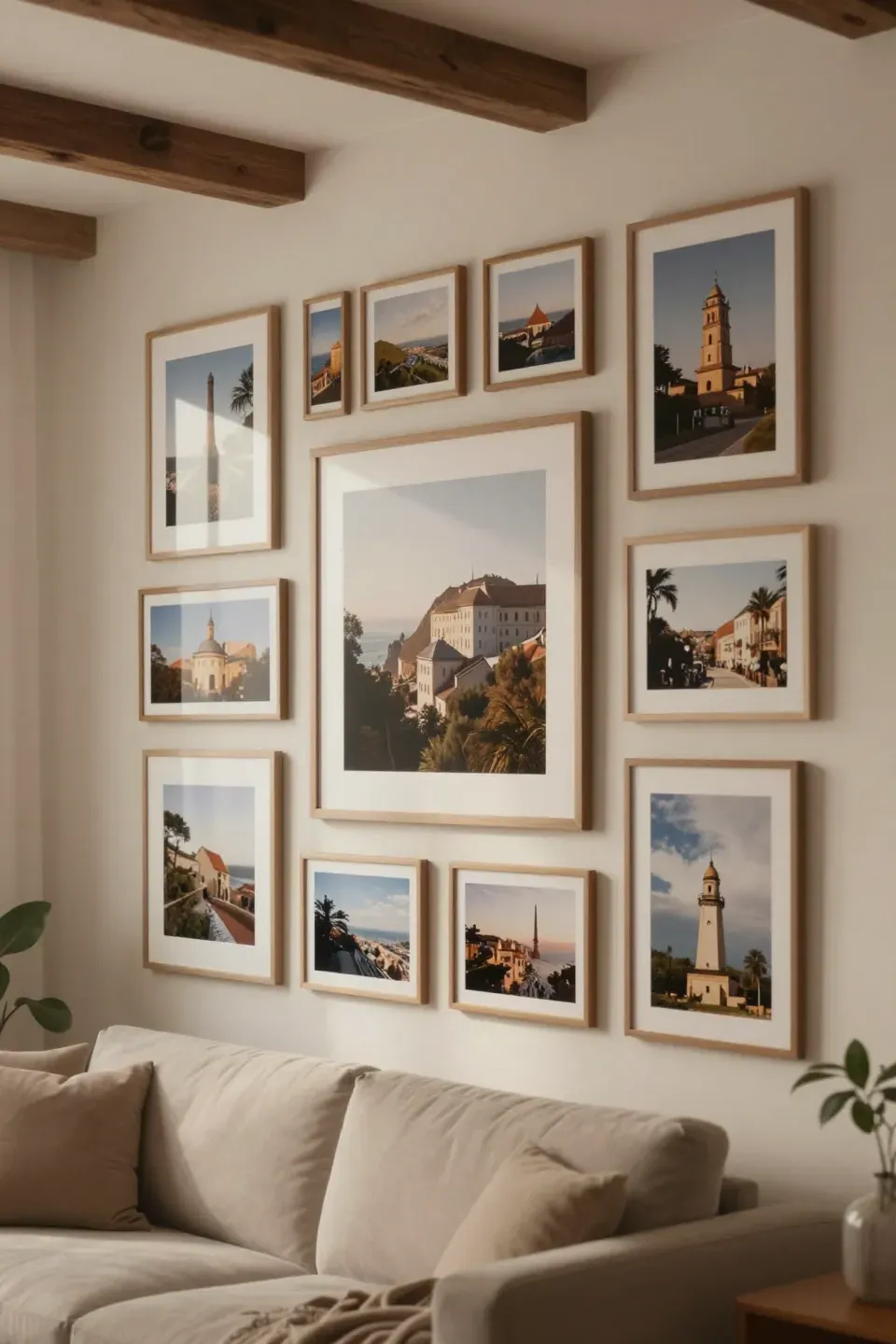 Mixed-size travel photos arranged around a large anchor image on a living room gallery wall.
