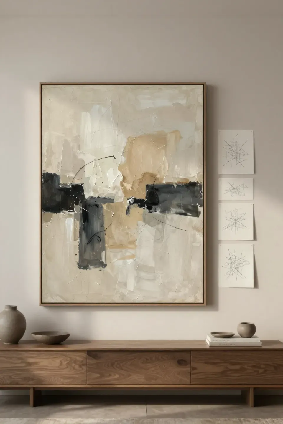 Large abstract painting with small sketches arranged beside it on a living room gallery wall.