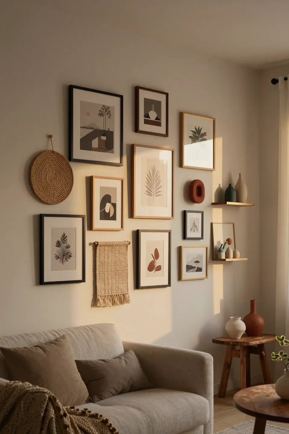 Living room wall with mixed framed art, woven pieces, and sculptural objects arranged cohesively.