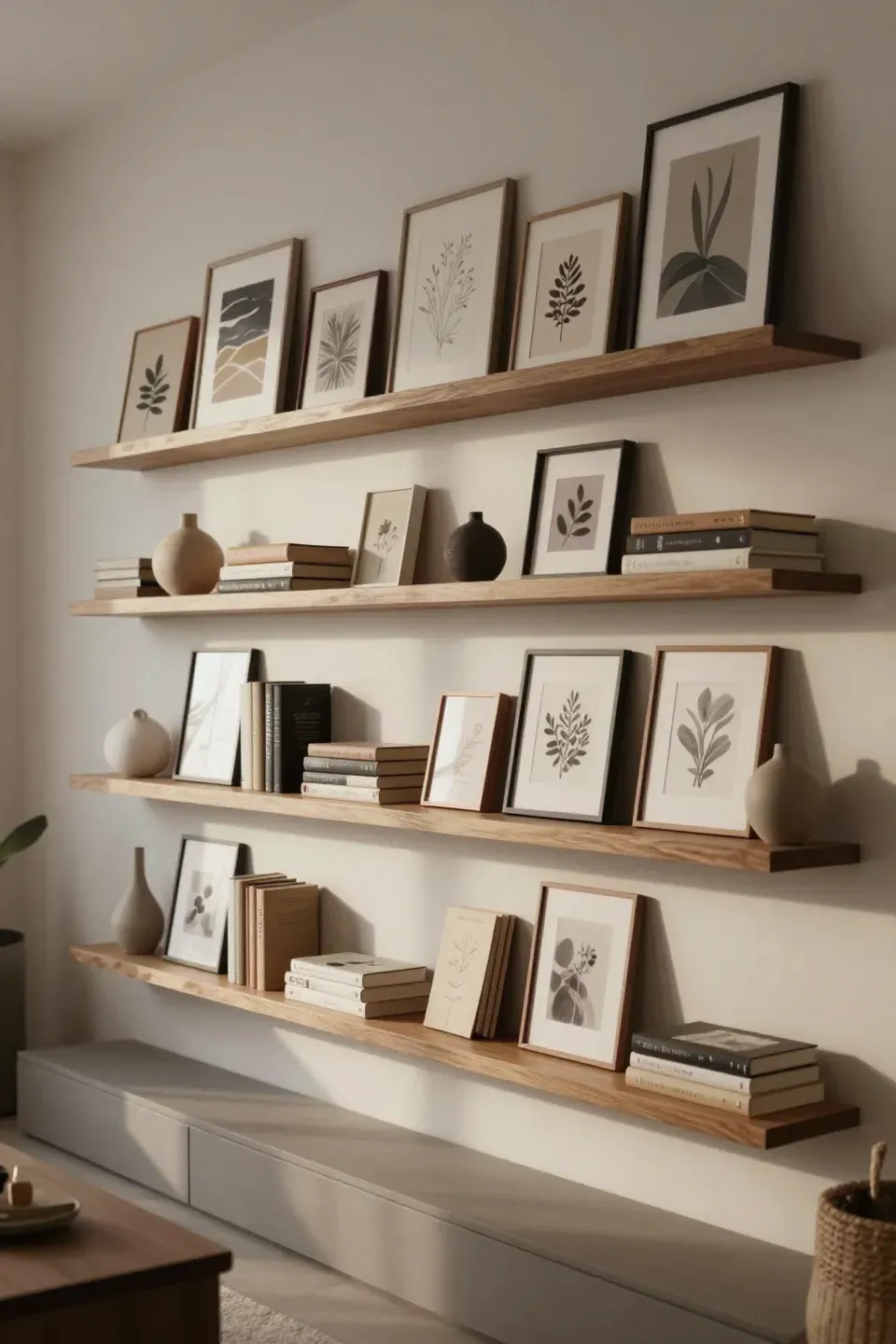 Living room shelves with leaning framed art, books, and small decorative objects in a balanced display.
