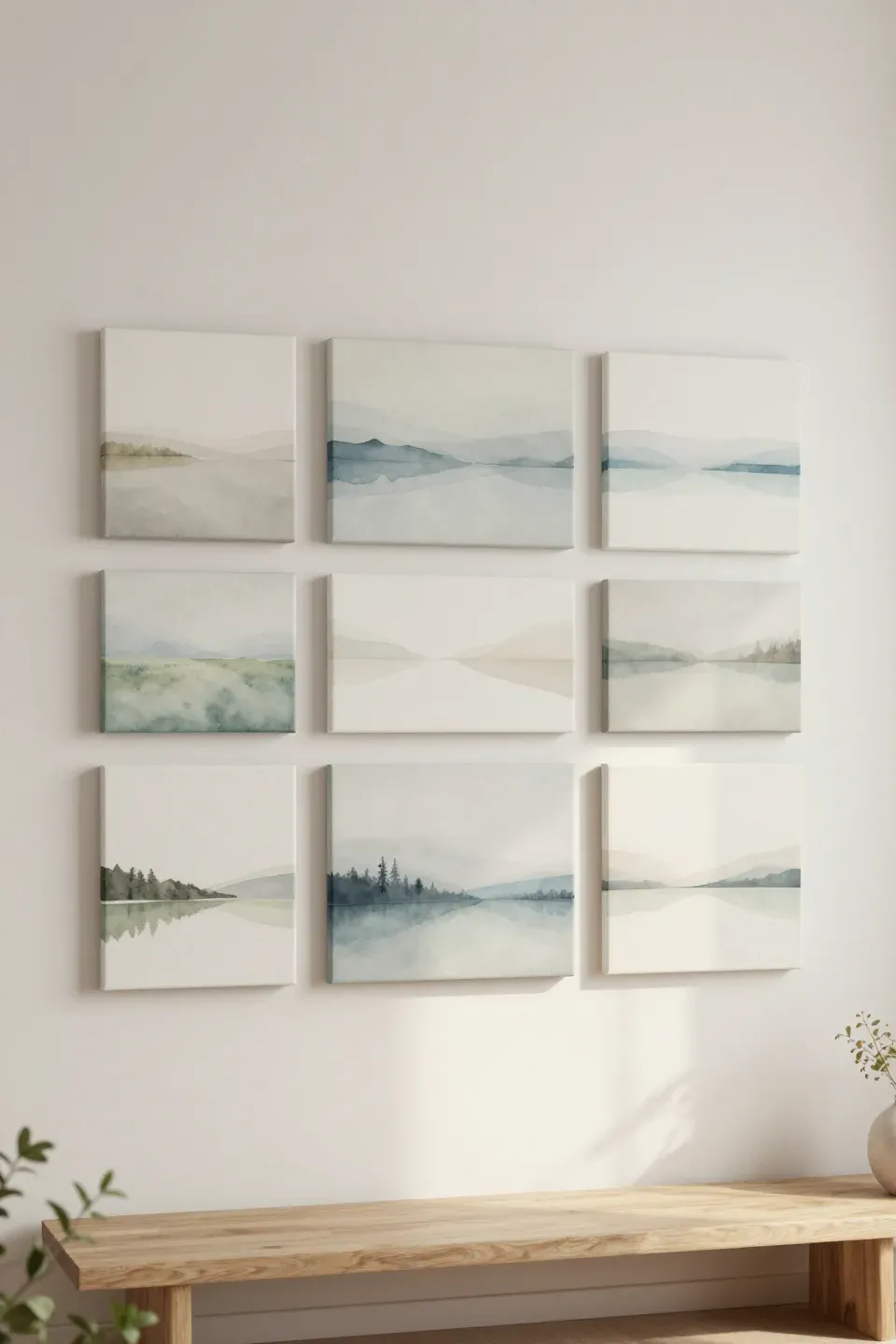 Frameless canvas grouping on a living room wall with soft abstract and nature-inspired art.