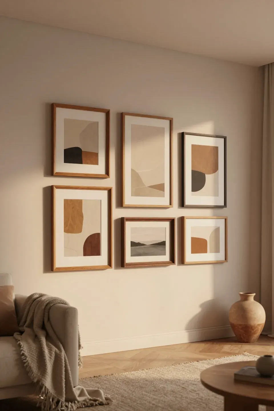 Gallery wall of warm wood frames in a cozy living room with earthy artwork.