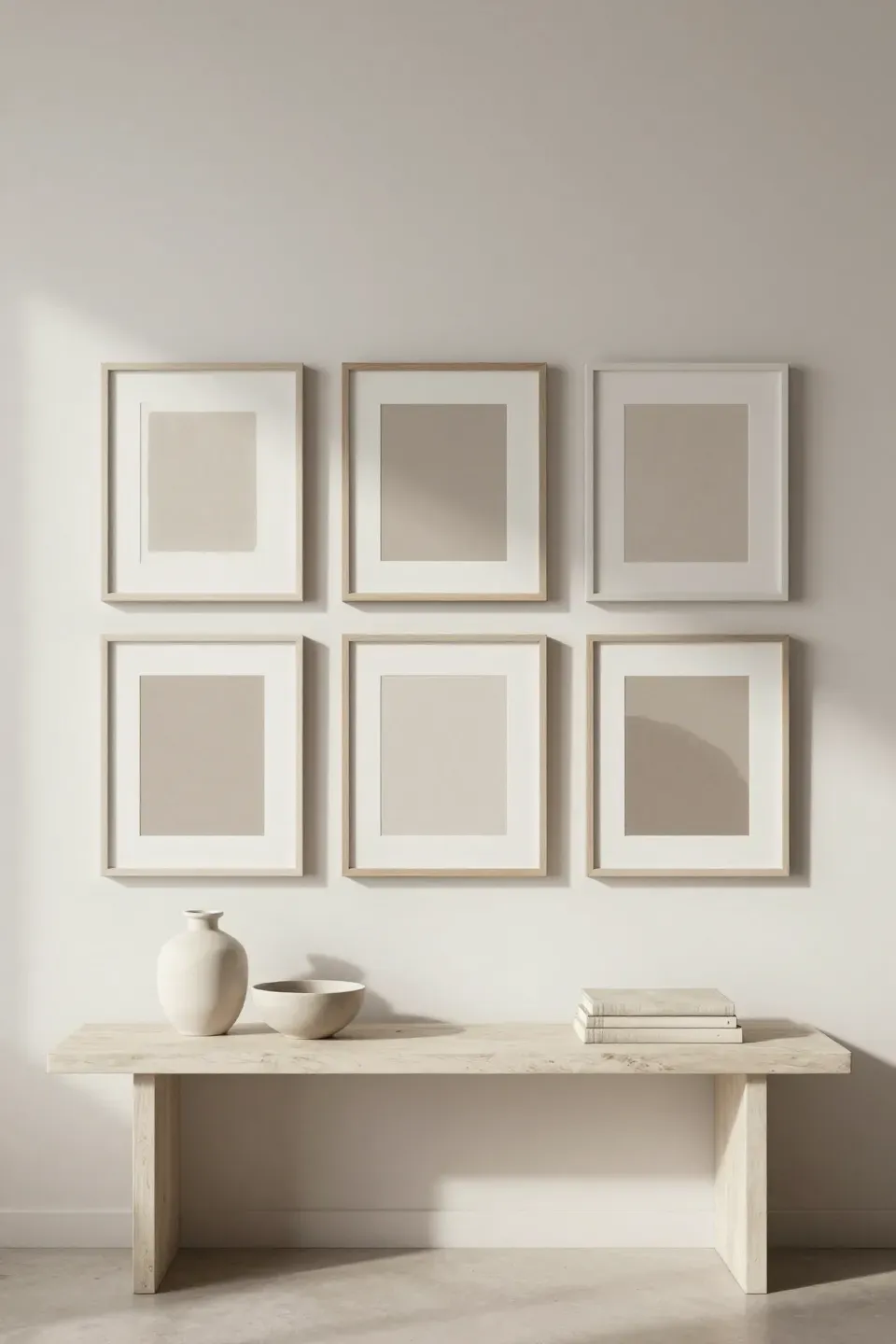 Neutral gallery wall above a minimalist console table with soft, calming artwork.