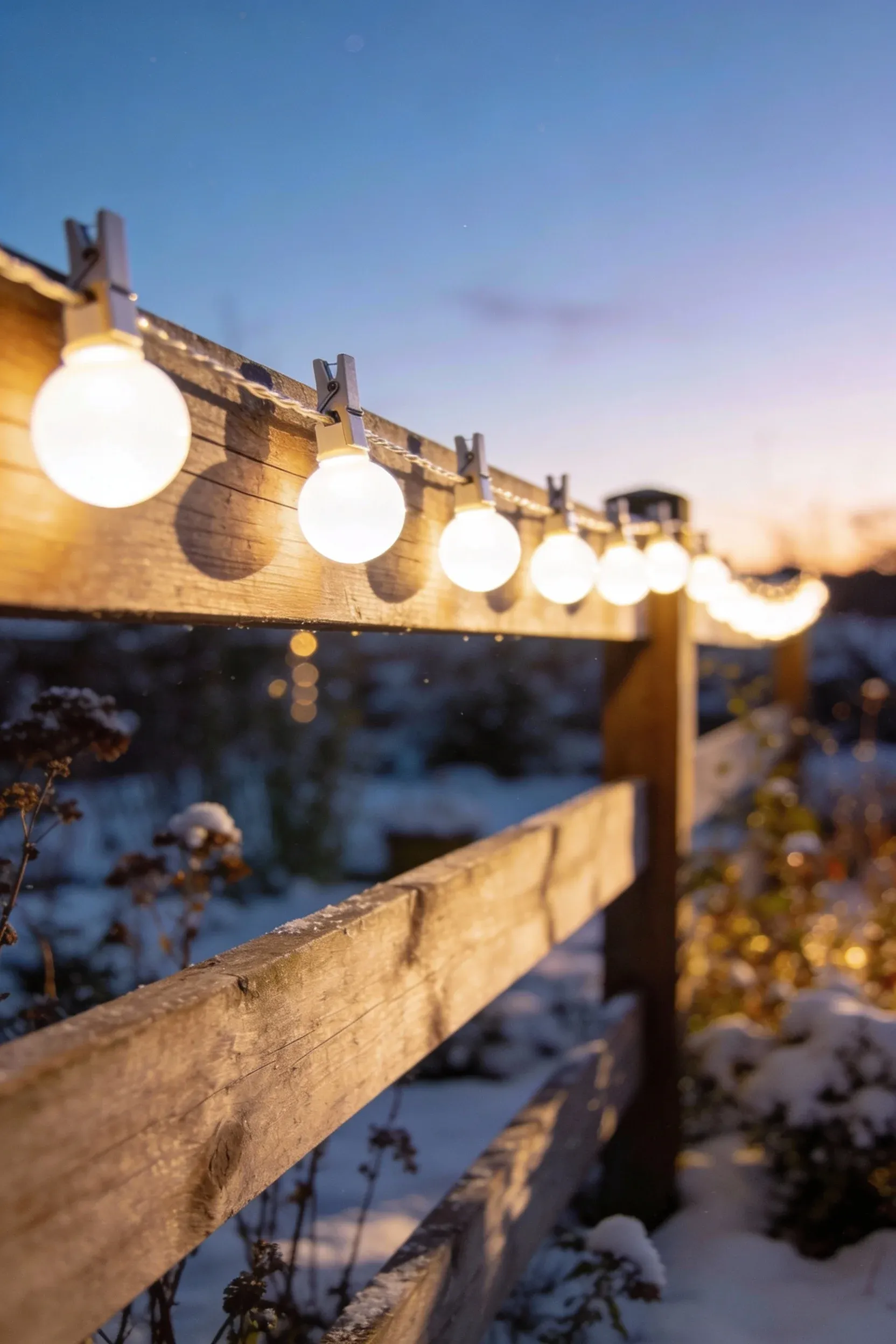 Outdoor fence decorated with warm string lights during twilight.