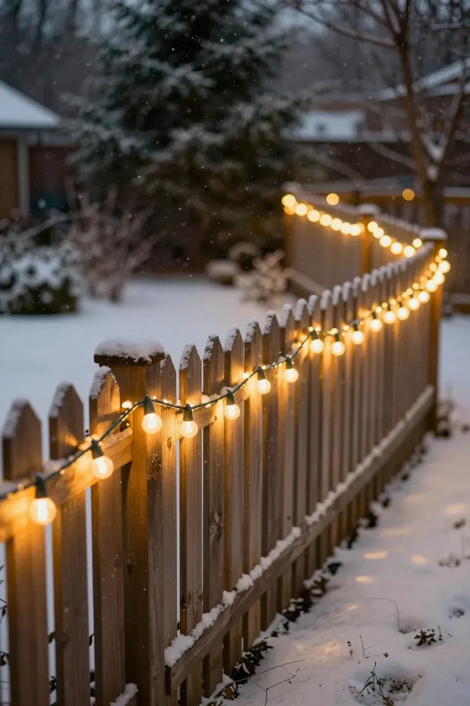 A wooden fence wrapped in warm white string lights, glowing in a snowy garden.