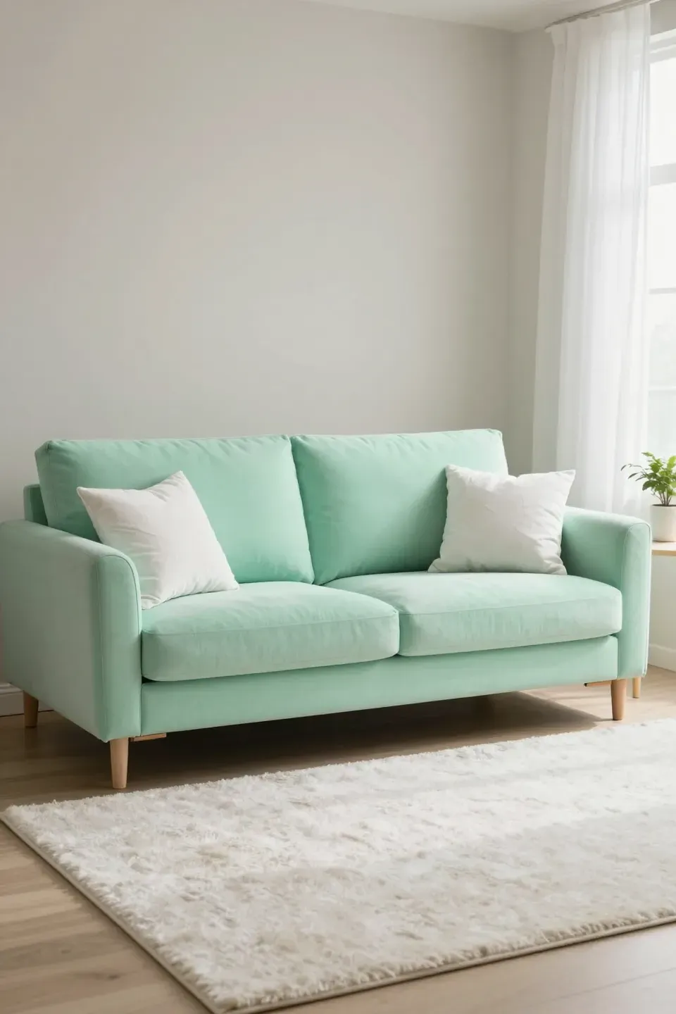 A mint green sofa with white accents in a cozy living room setting.