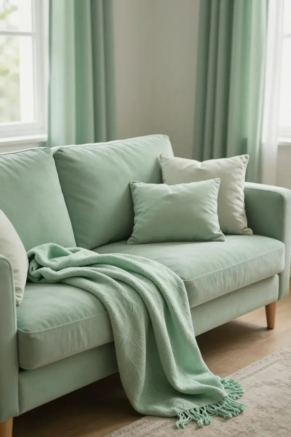 A pastel green living room featuring soft textiles for a cozy atmosphere.