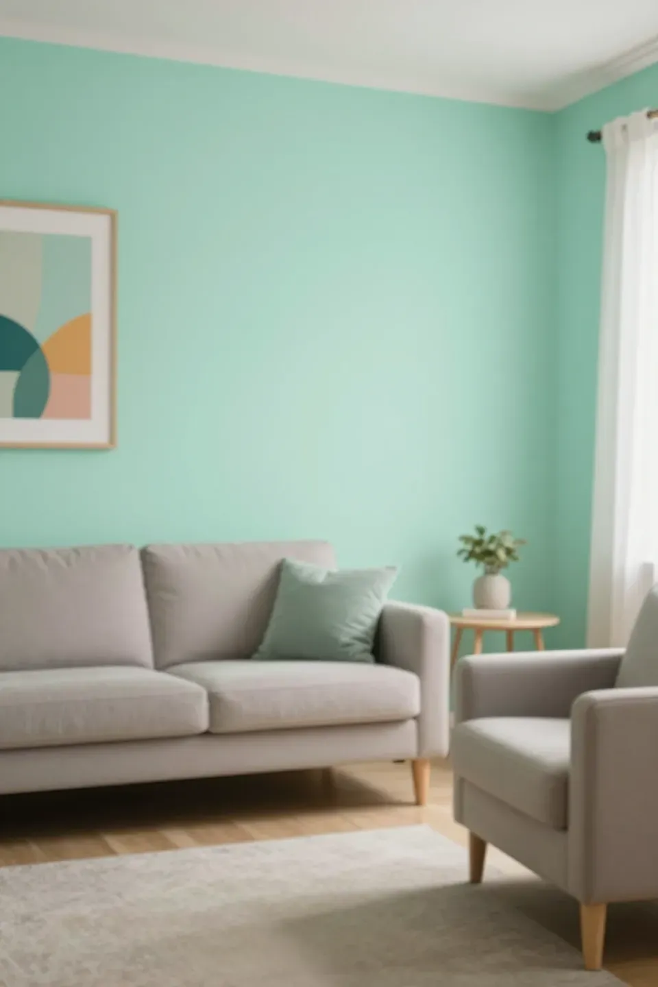A living room with mint green walls providing a fresh backdrop.