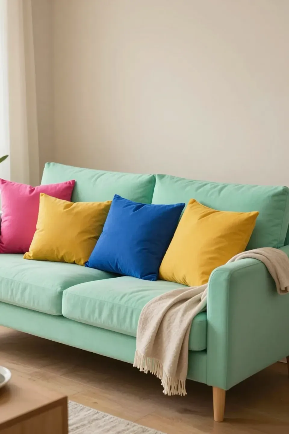 A mint green sofa accessorized with bold pillows in a vibrant living room.