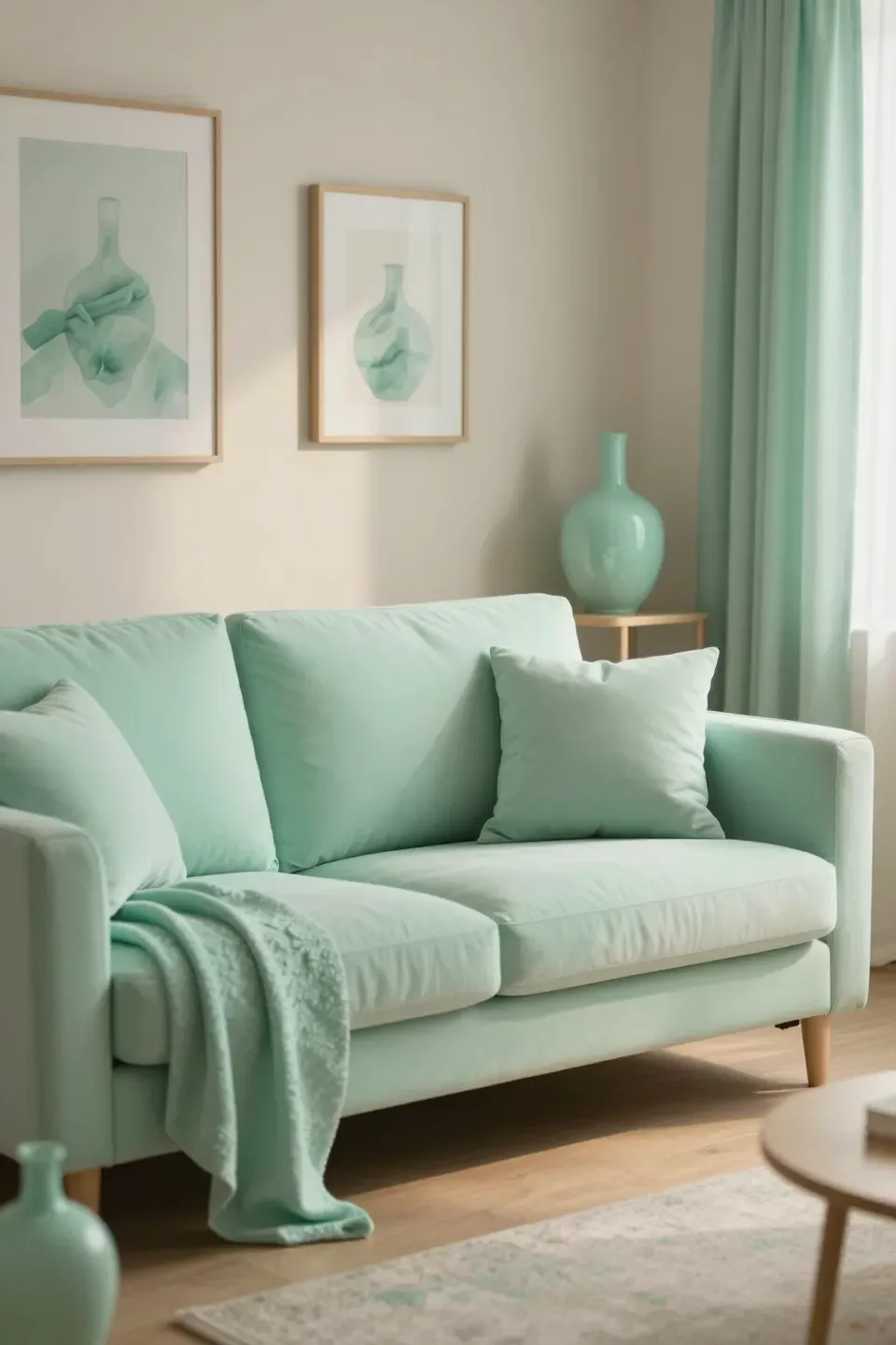 A mint green living room with seafoam green accents for a calming atmosphere.