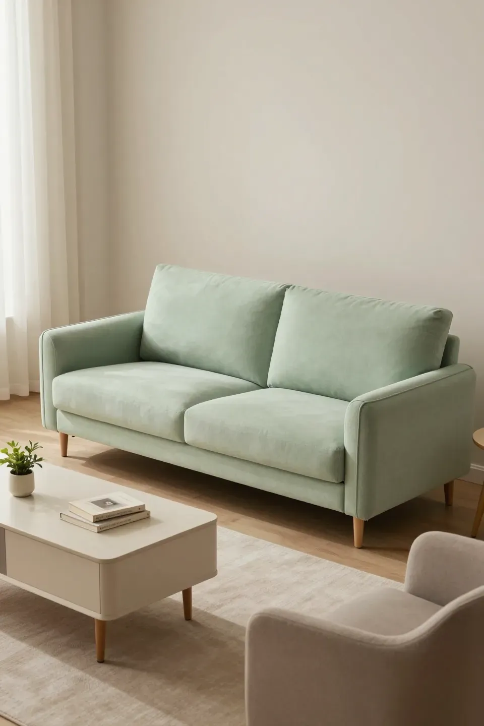 Light green sofa paired with neutral tones in a cozy living room.