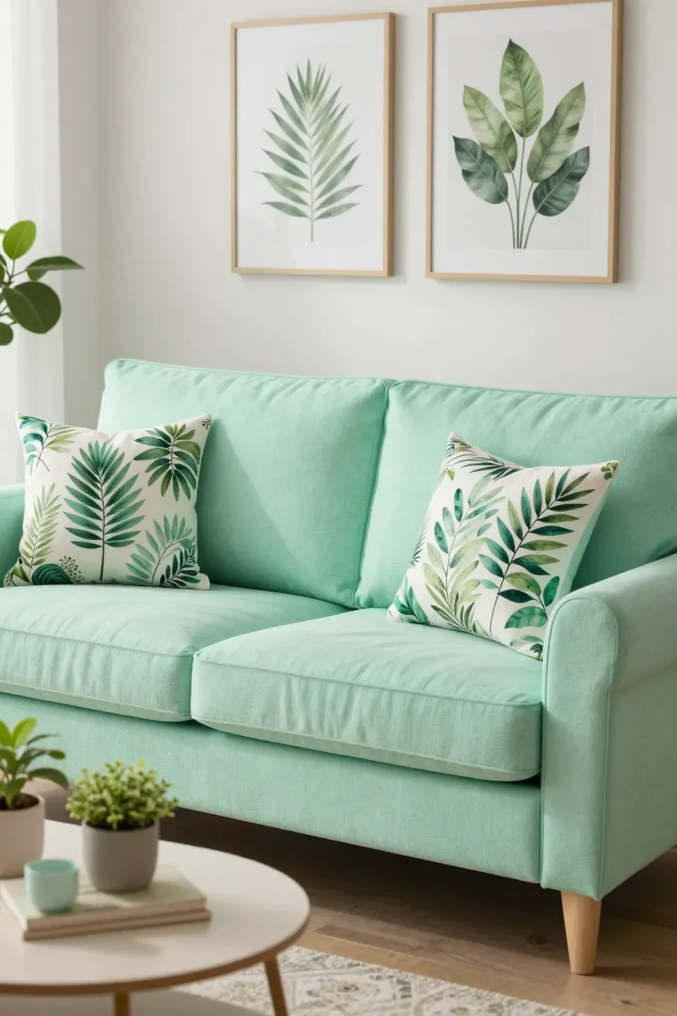 Mint green sofa decorated with botanical prints in a lively living room.