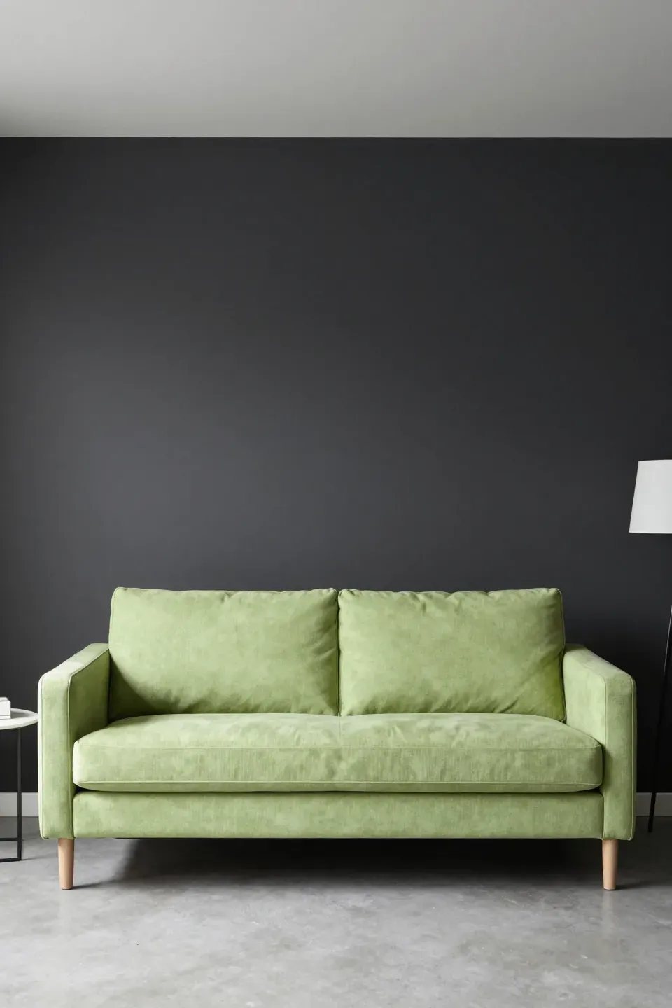 Light green sofa creating contrast in a dark room setting.