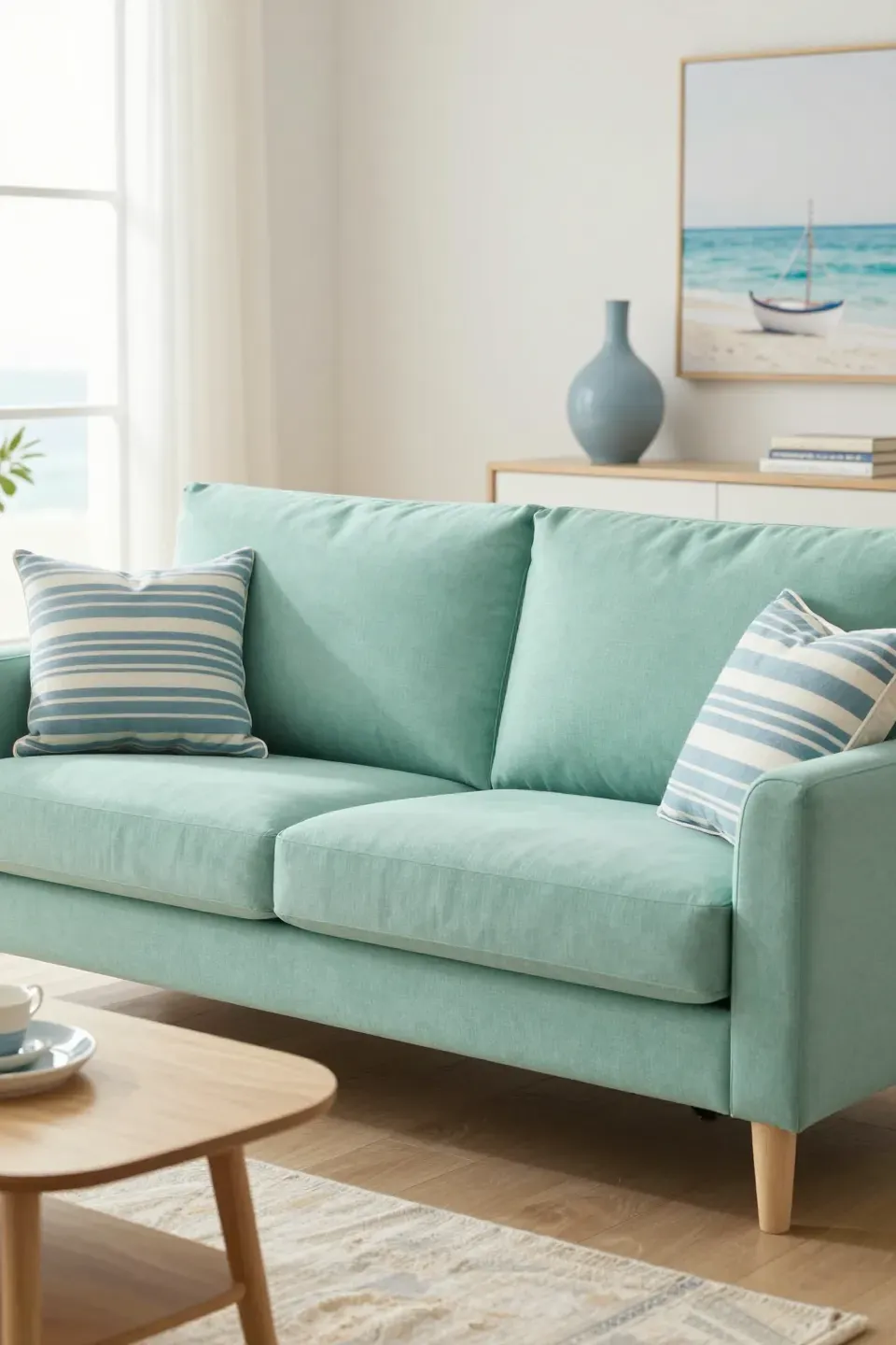 Sea green sofa evoking a coastal vibe in a relaxed living room.