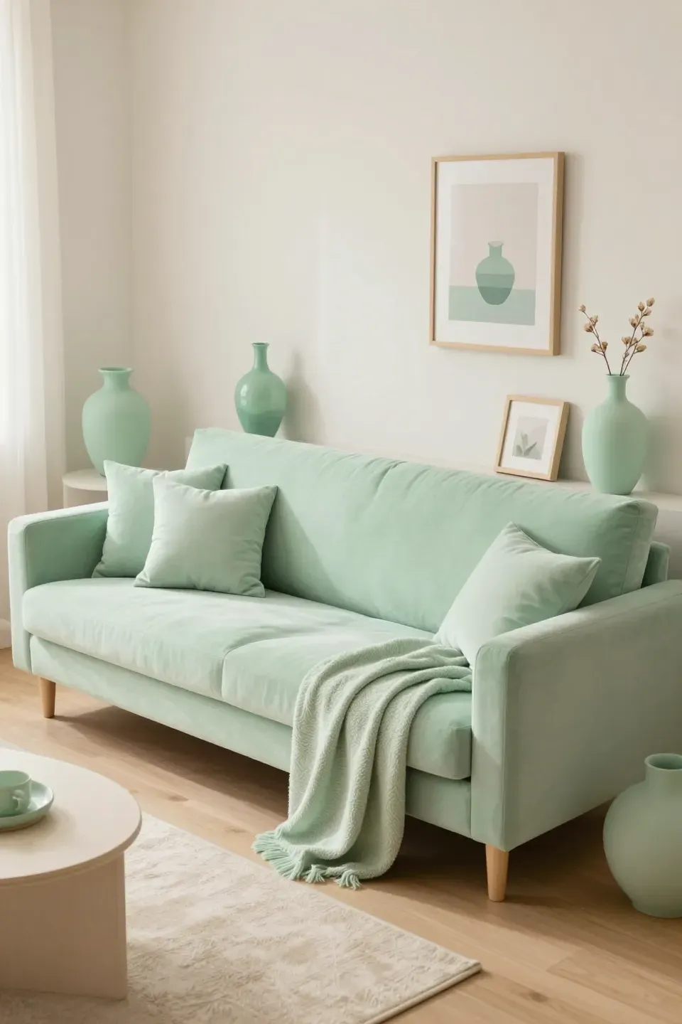 Living room styled with pastel green accessories complementing a mint green sofa.