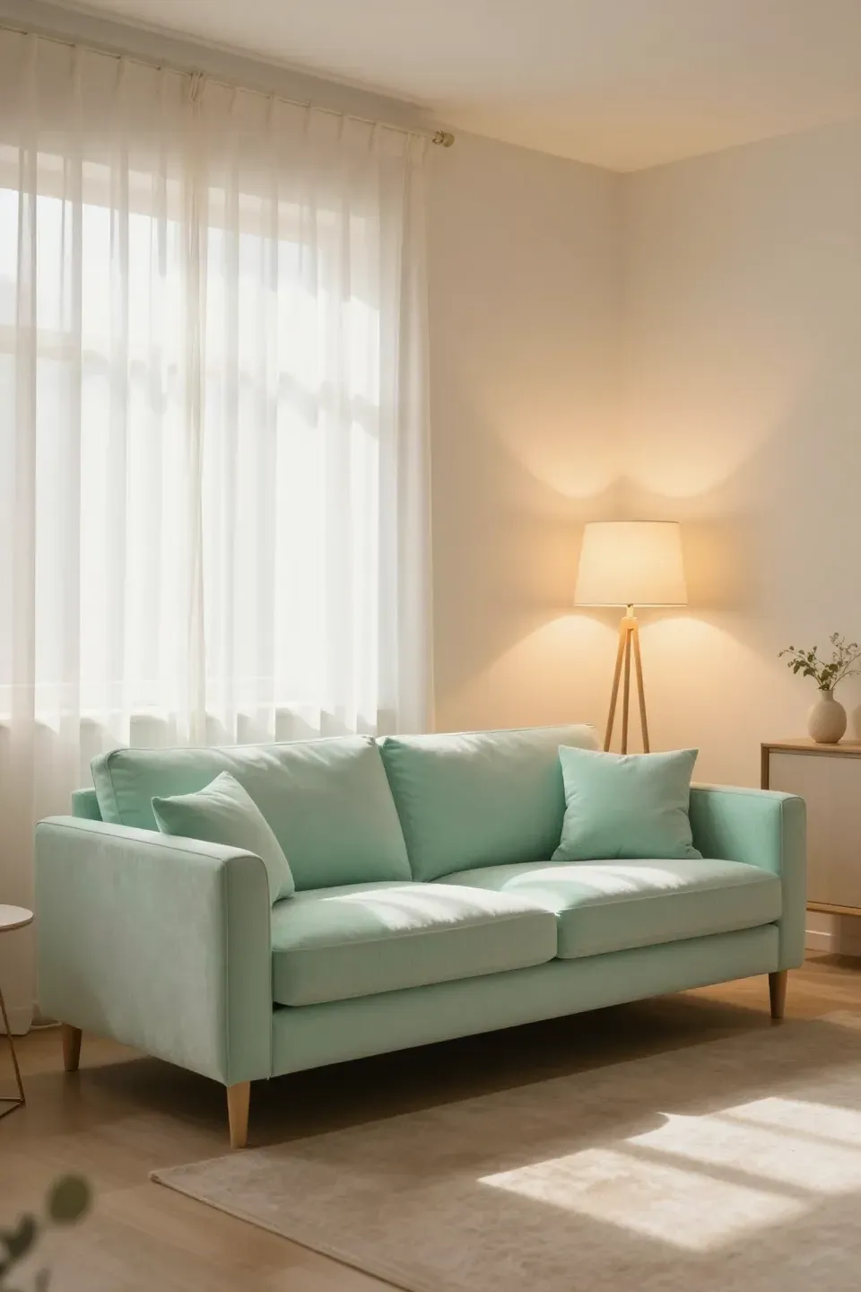 Living room with a mint green sofa, showcasing warm lighting effects.