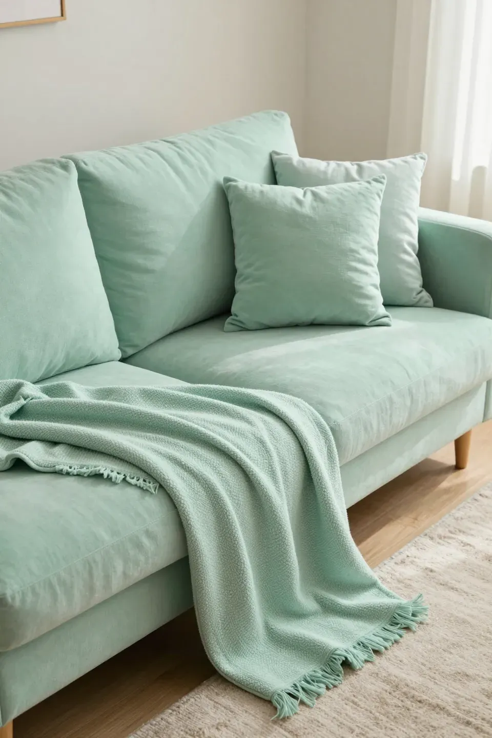 Cozy living room with a mint green sofa layered with various mint green textiles.