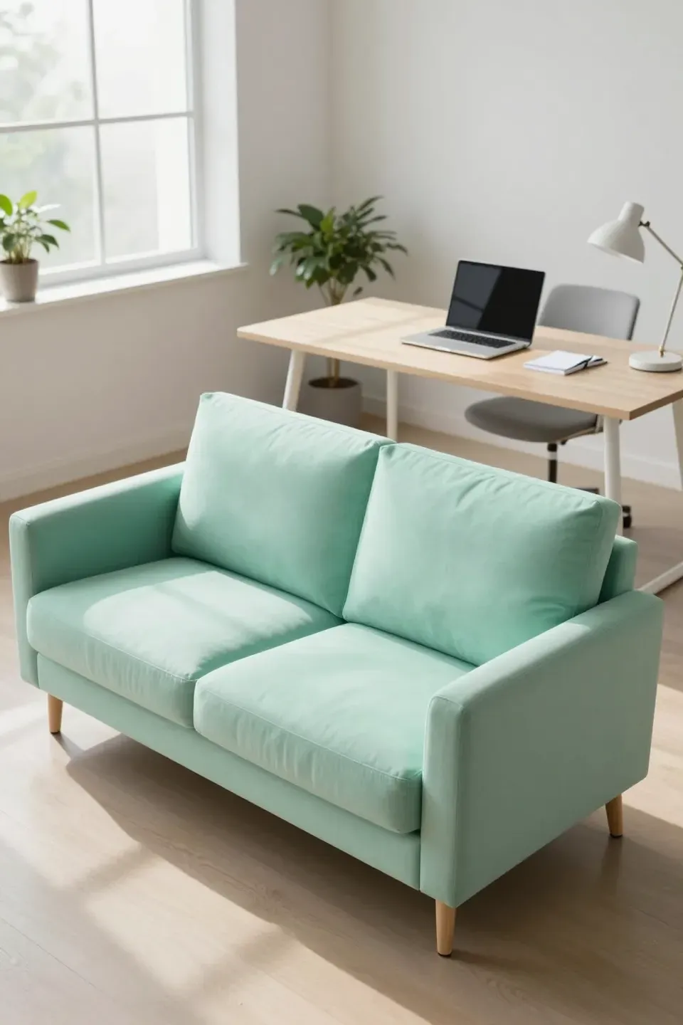 A modern home office featuring a mint green sofa, sleek desk, and natural light.