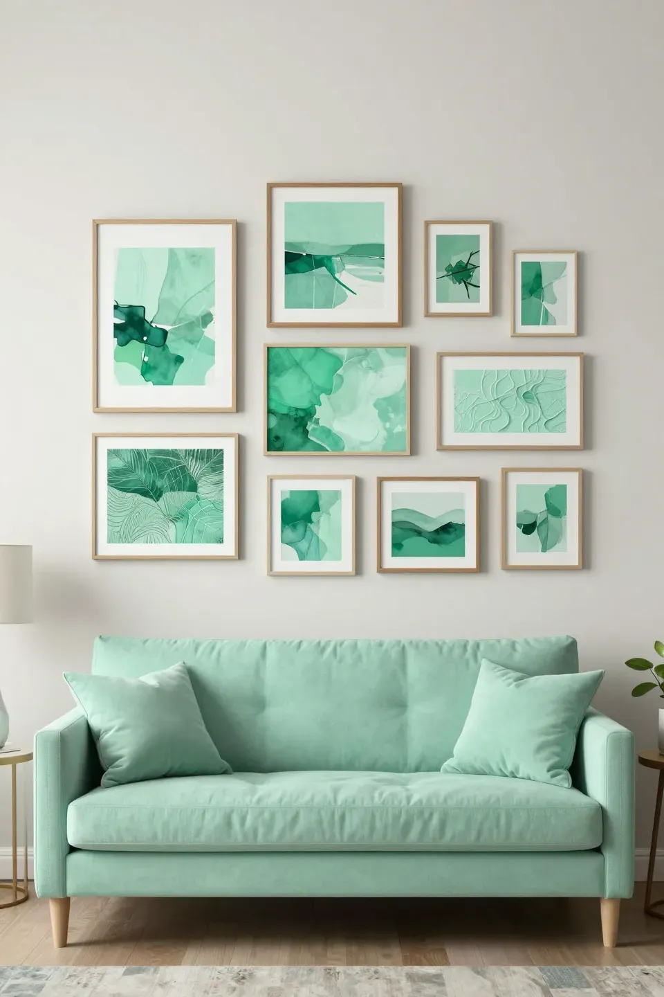 A gallery wall featuring mint green art pieces above a mint green sofa.