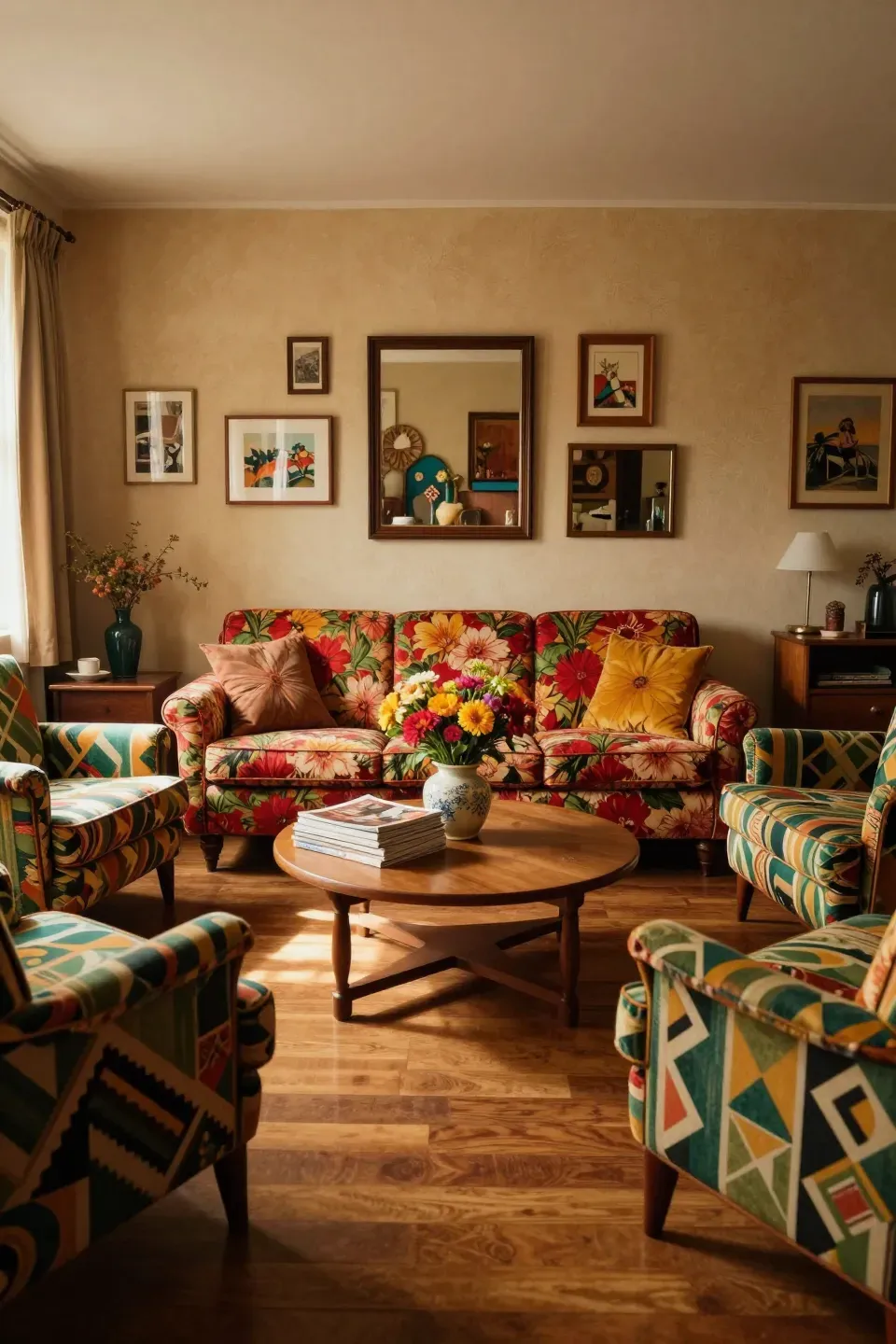 Cozy living room featuring vintage furniture with bold patterns.