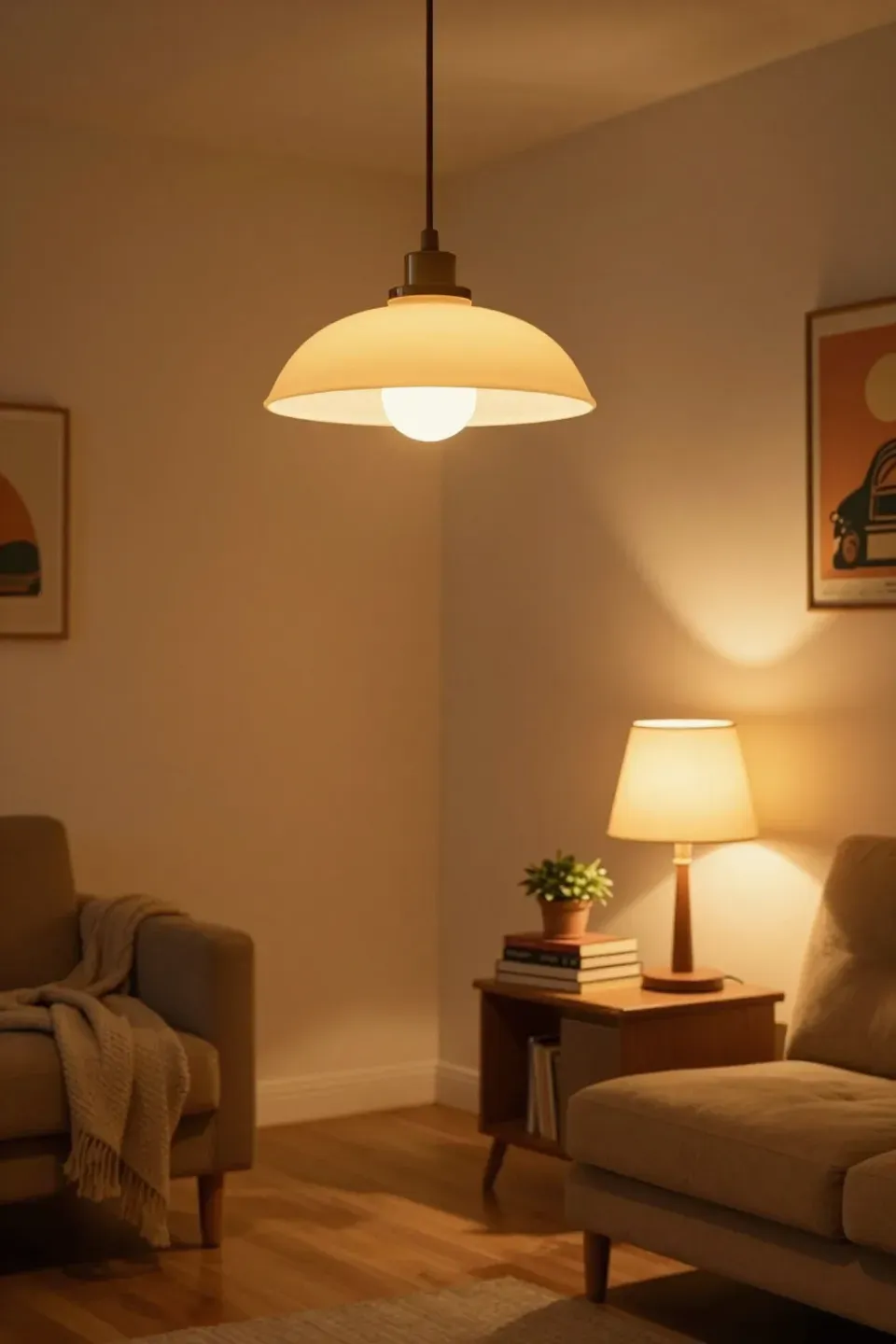 Cozy corner featuring warm 90s lighting fixtures in a living room.