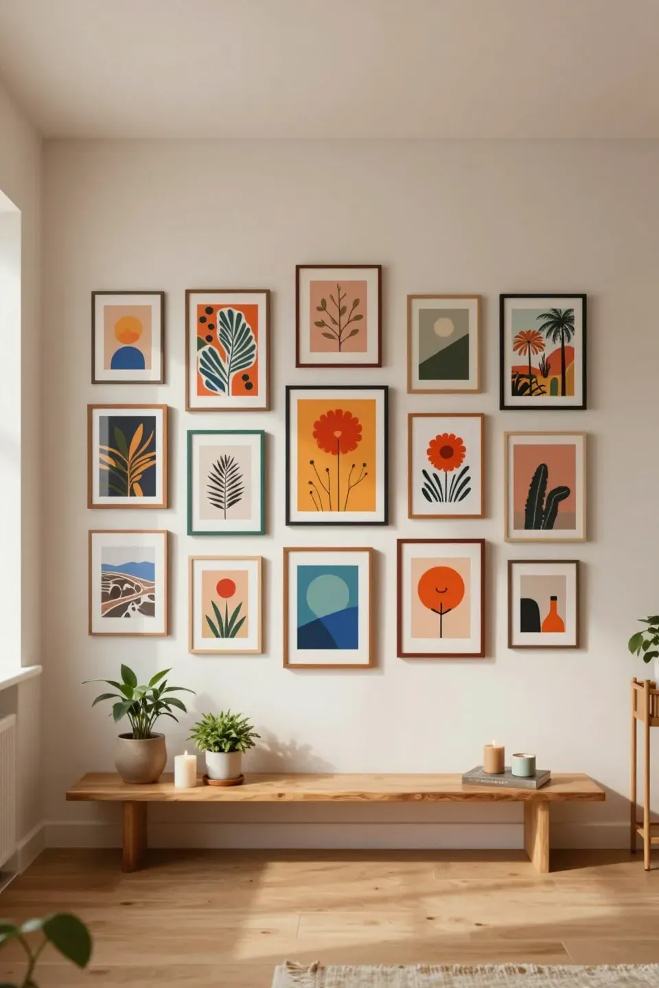 Gallery wall filled with indie art and personal touches in a cozy apartment.