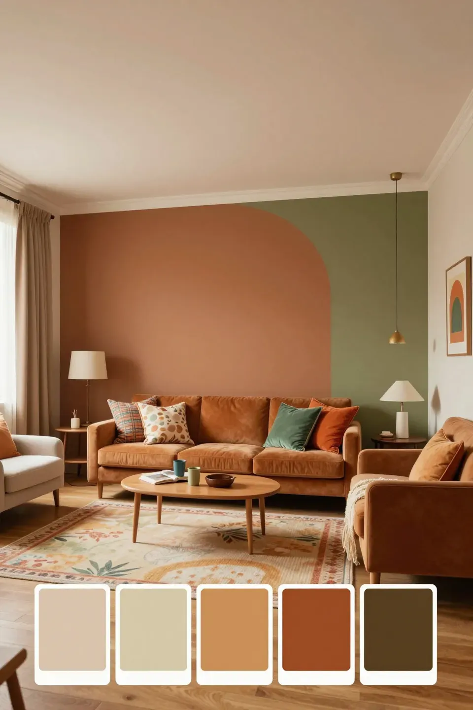Living room designed with a warm retro color palette for a cozy feel.