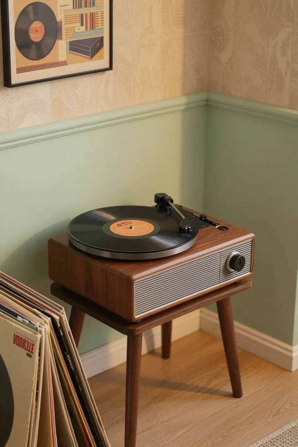 Old-school record player as a decorative piece in a cozy living room.