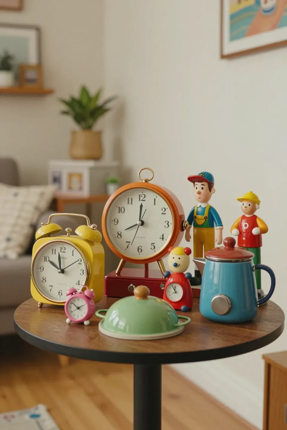 Charming vignette of quirky thrift store accessories in a cozy apartment.