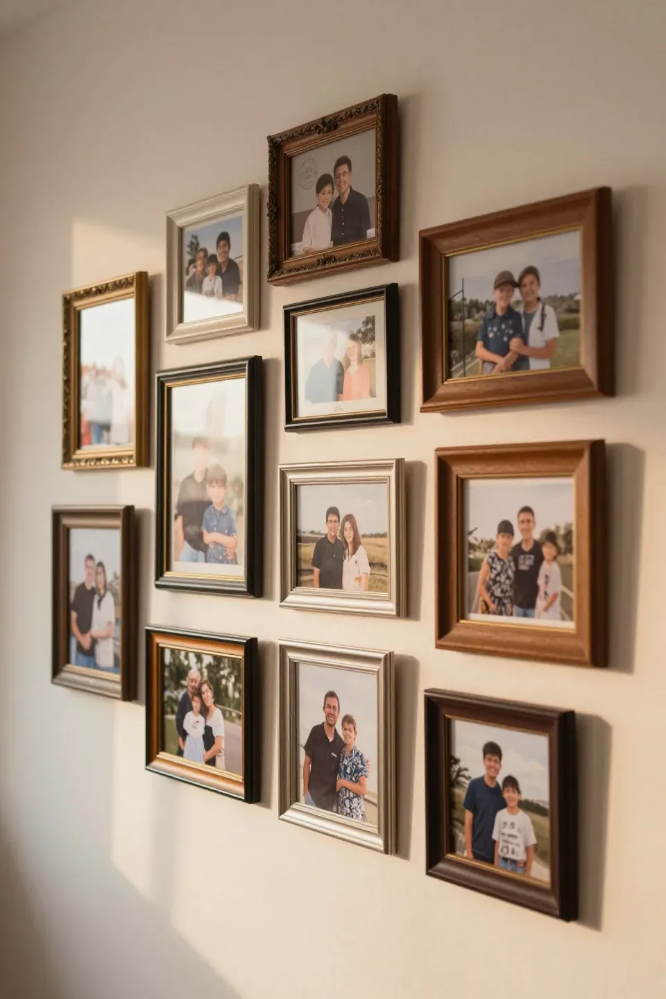 A cozy wall featuring a nostalgic photo gallery with vintage and modern frames.
