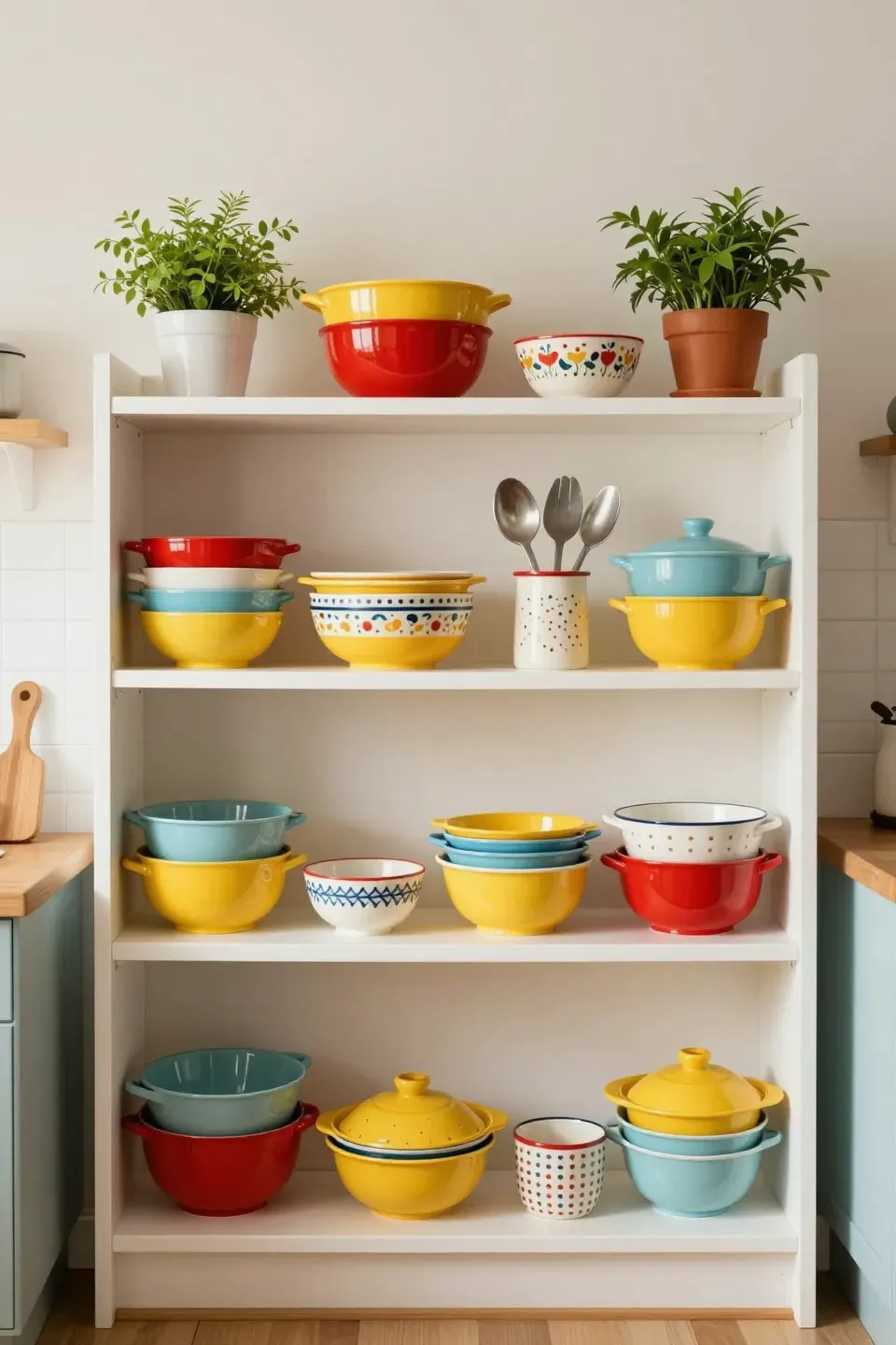 A vibrant display of retro-inspired kitchenware on open shelves.