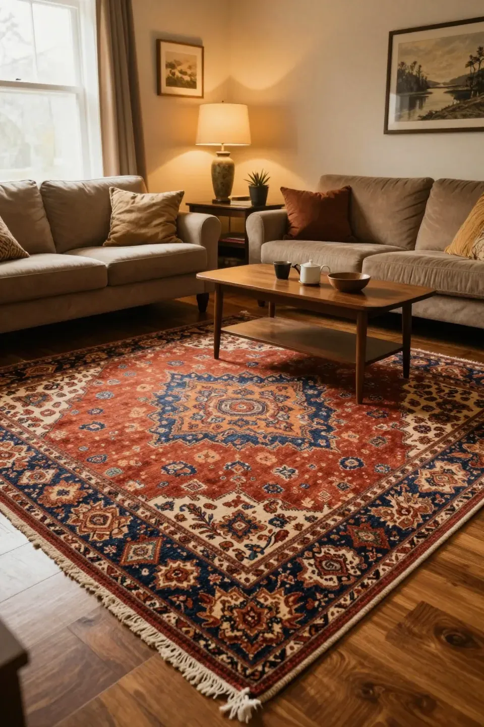 A vintage rug adding warmth to a cozy living room setting.