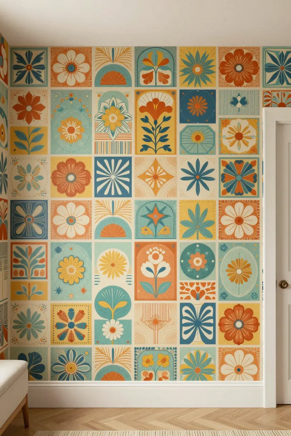 A bold wall featuring vibrant retro wallpaper with geometric patterns.
