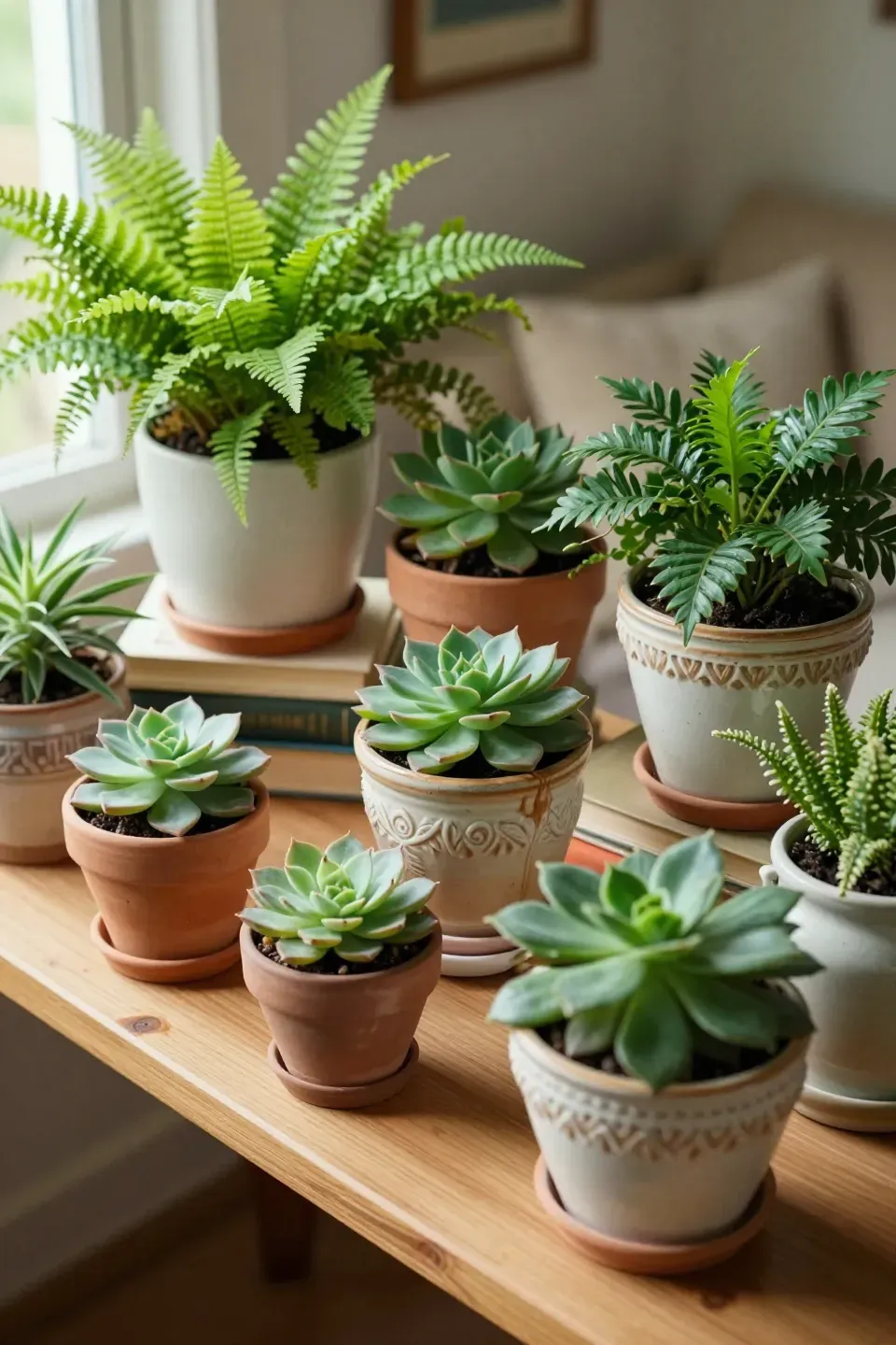 Overhead view of vintage pots with various lush plants on a wooden shelf.