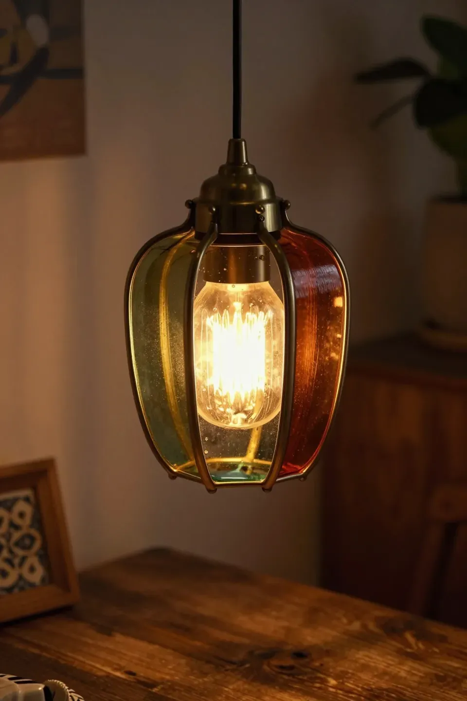 Close-up of a unique indie lighting fixture with warm ambient light.