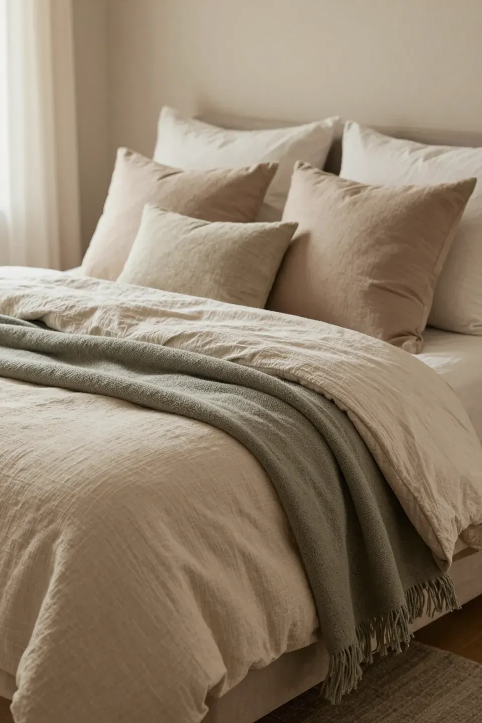 Cozy bedroom featuring layered textiles like throws and cushions in warm tones.