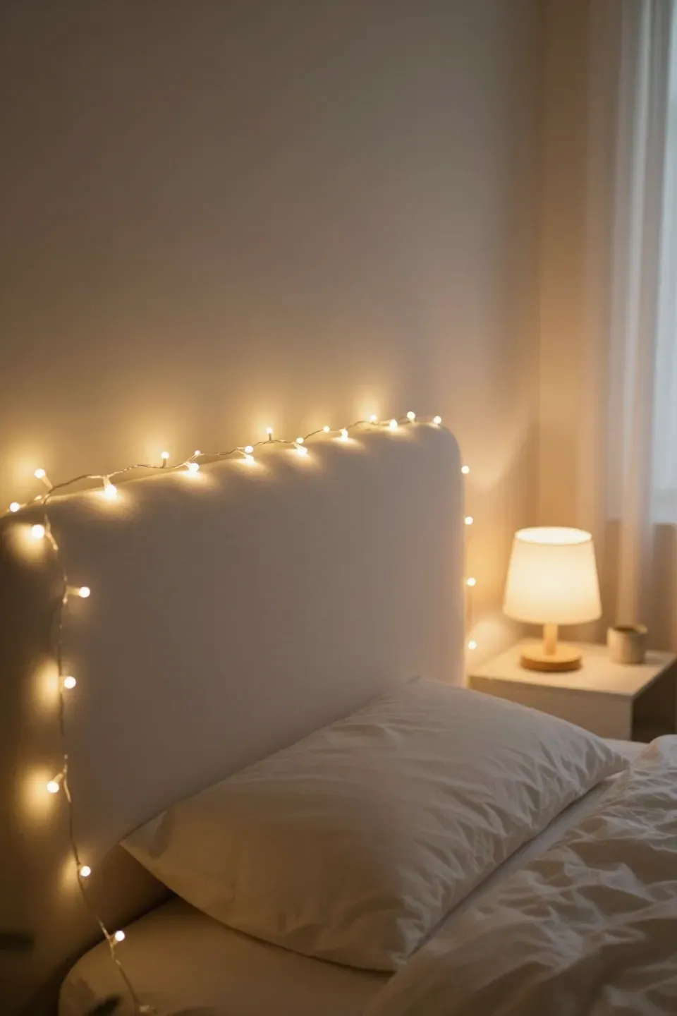 Cozy bedroom with fairy lights creating a warm, romantic atmosphere.