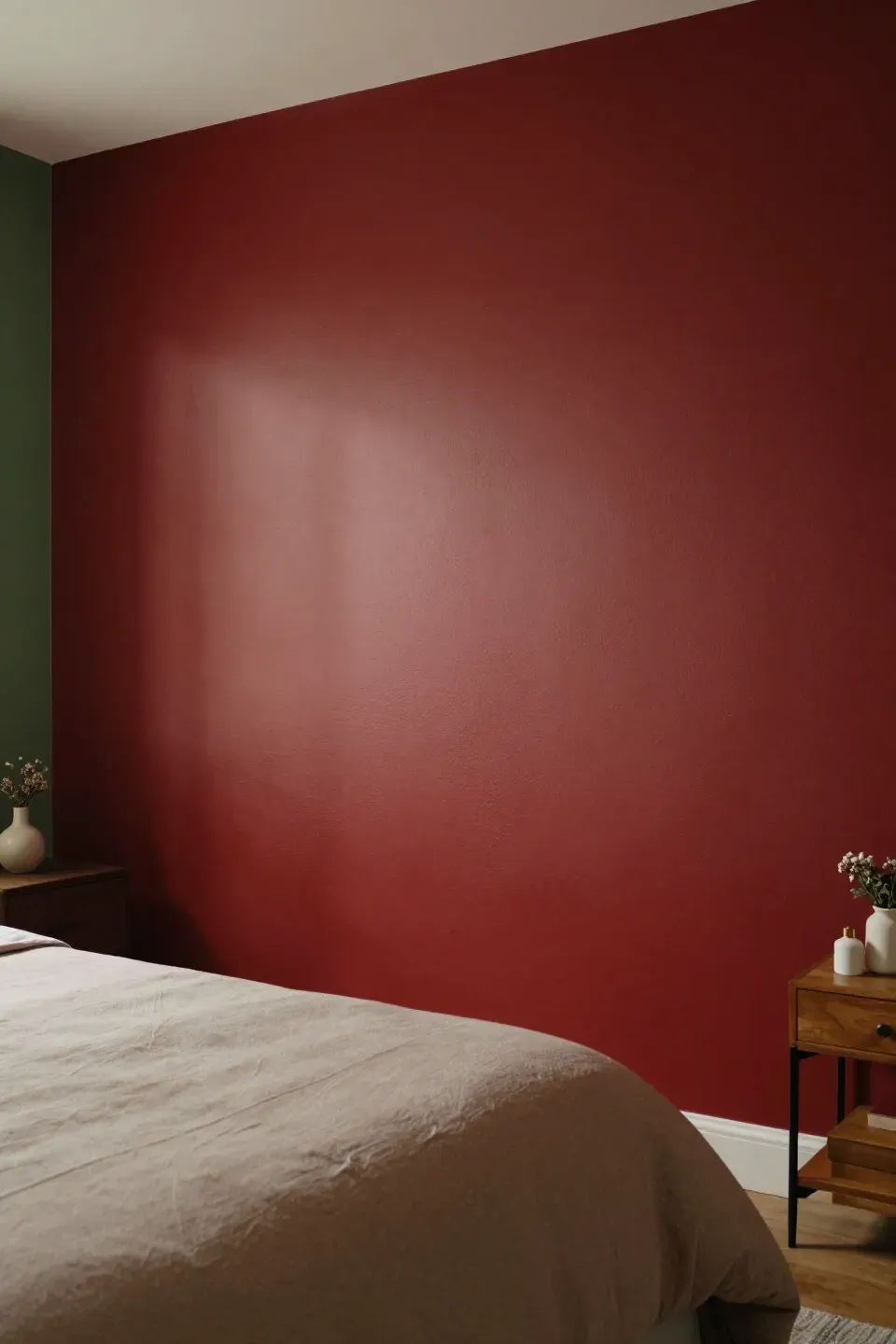 Cozy bedroom with a warm-colored accent wall creating an intimate atmosphere.