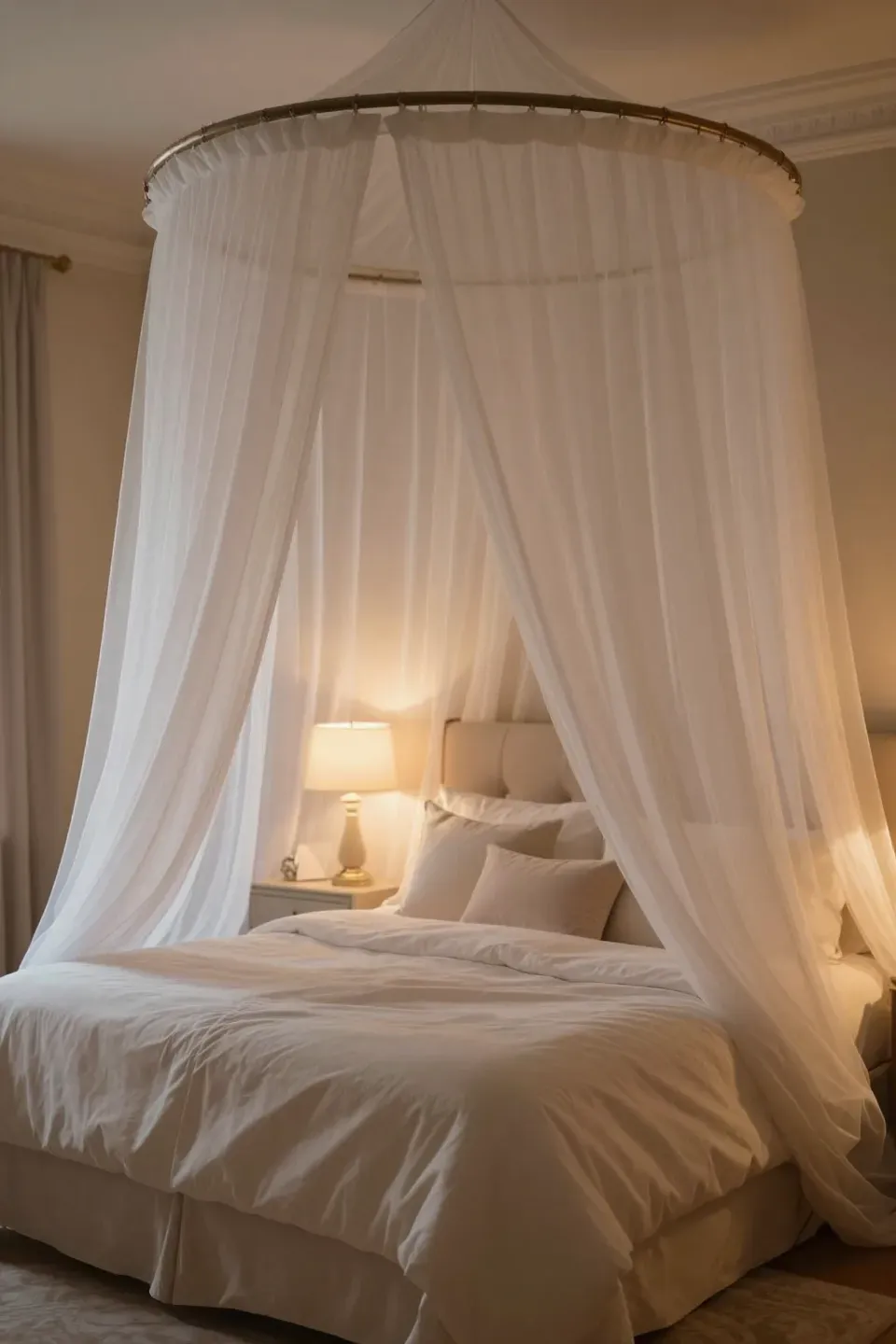 Romantic canopy bed draped with soft fabrics creating an inviting atmosphere.