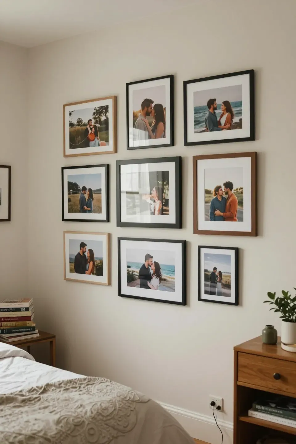 Cozy bedroom featuring a personalized art display of framed photos and memories.