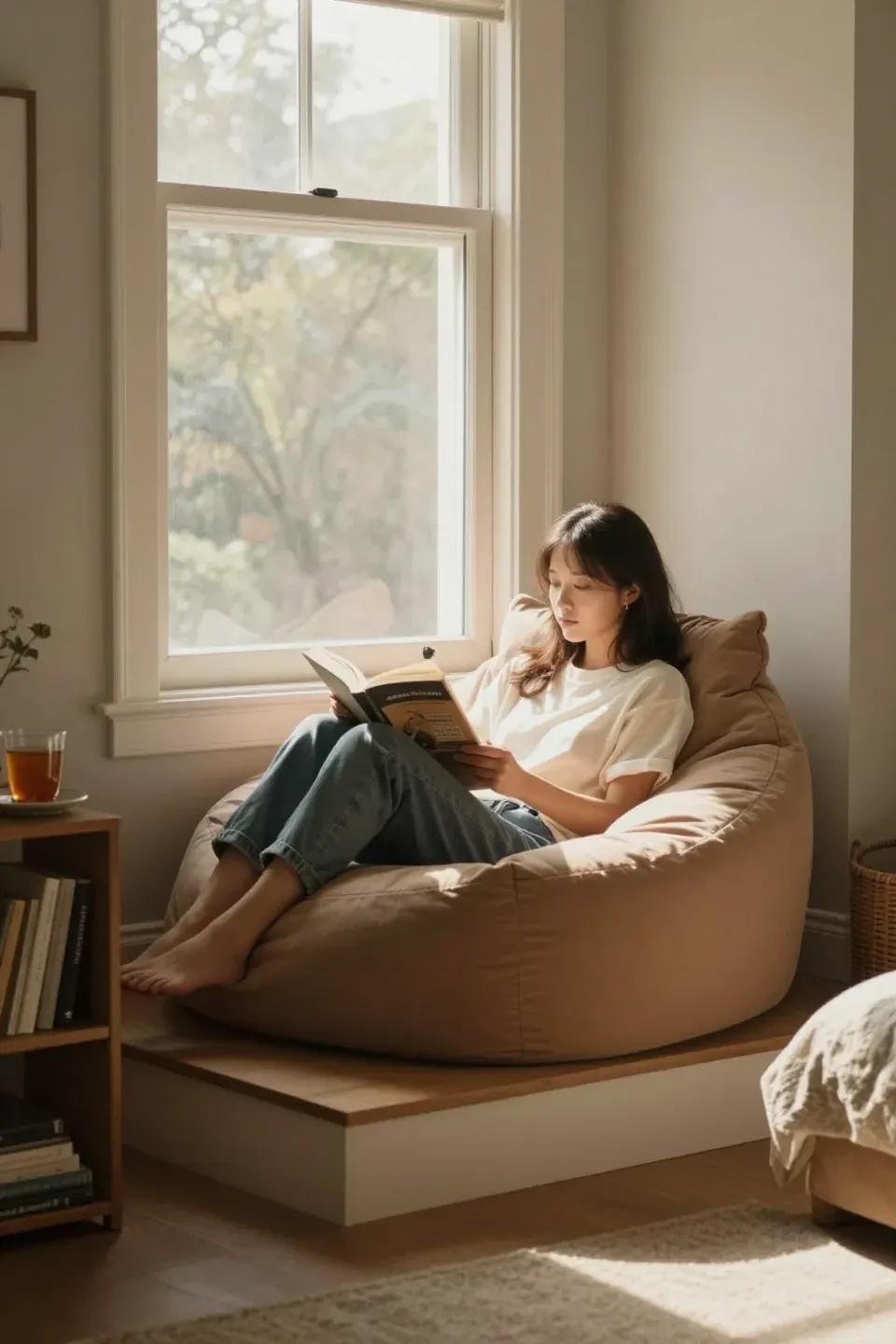 Cozy reading nook by the window with a comfortable chair and soft lighting.