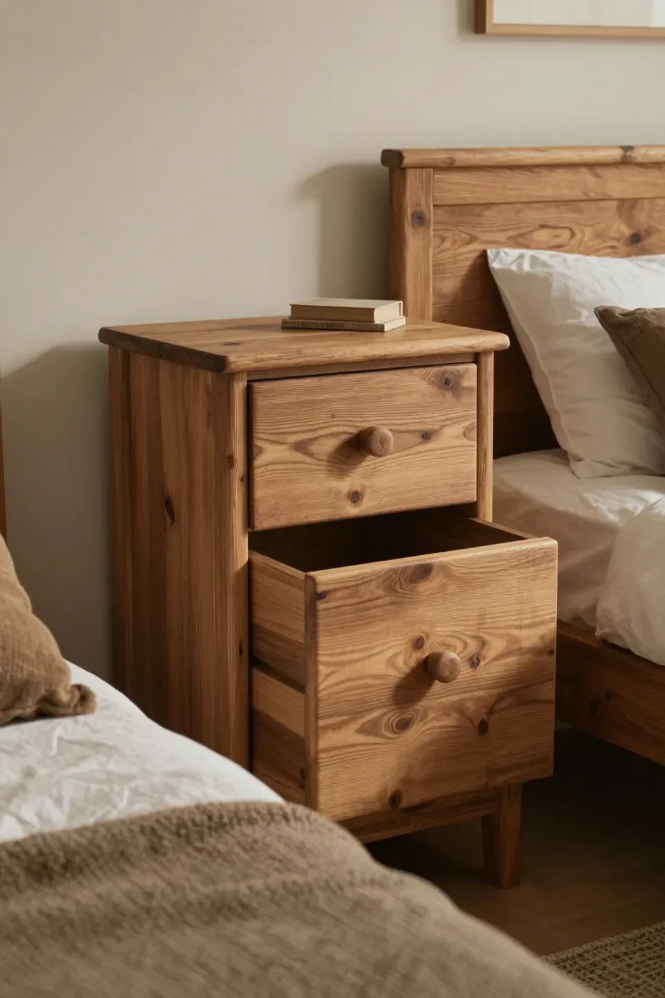 Cozy bedroom featuring rustic wooden furniture adding warmth and charm.